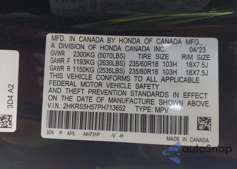 2023 Honda Cr-V Hybrid Sport из США, поврежденный, VIN 2HKRS5H57PH713652